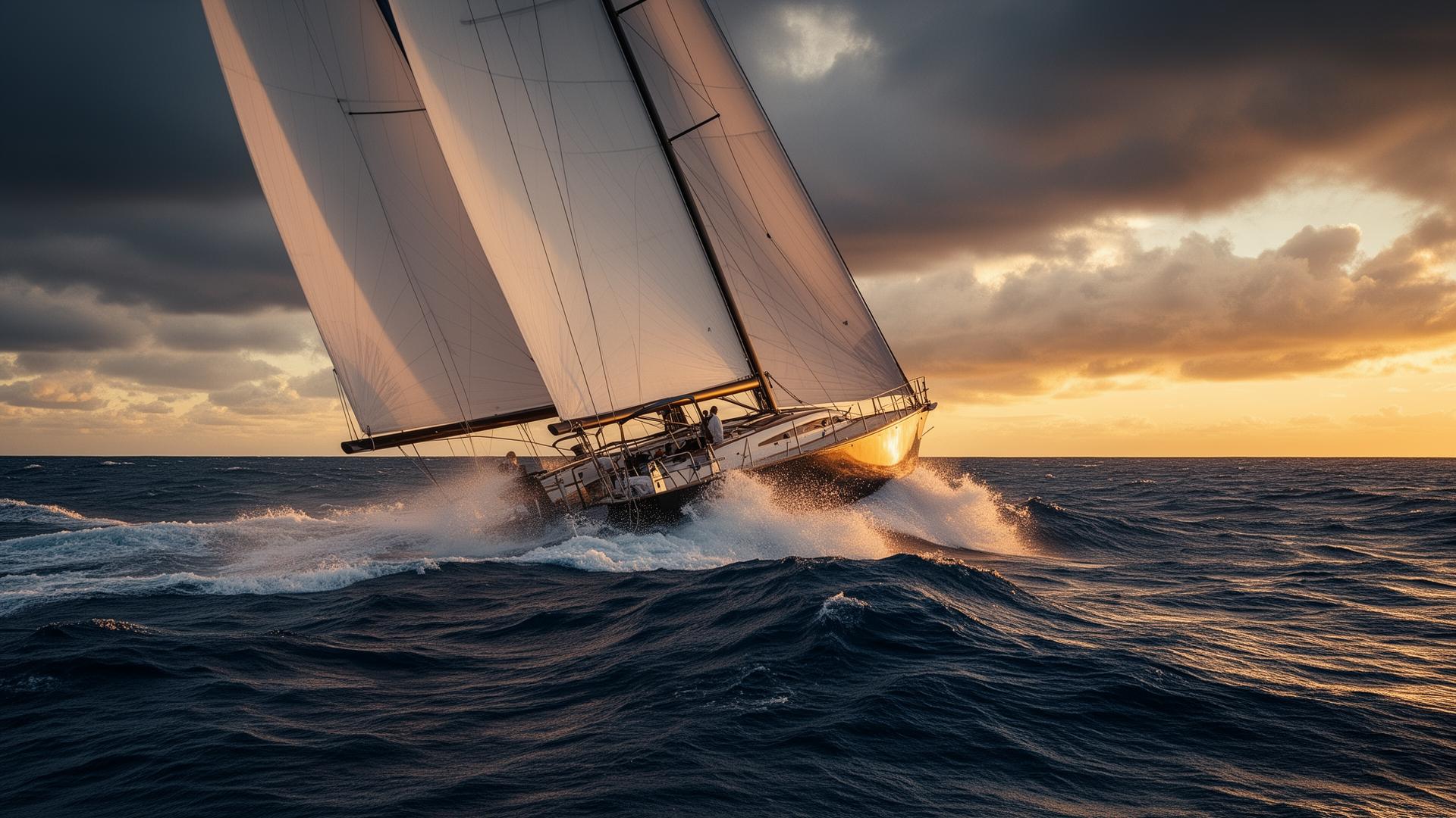 Veleiro a navegar no Atlântico ao pôr do sol